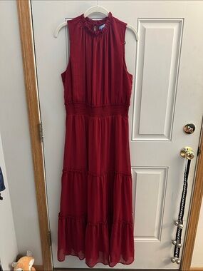 Draper James Wine Red Sleeveless Ruffled-Neck Maxi Dress